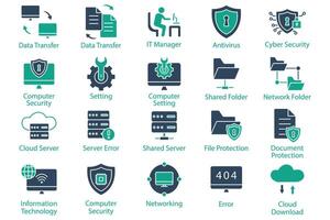 Information technology icon set. data transfer, cyber security, computer setting and more. solid icon style. technology element illustration vector