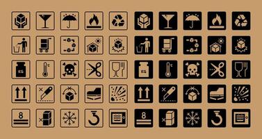 Cardboard packaging symbols set. Includes fragile, handle with care, recyclable, and more. vector