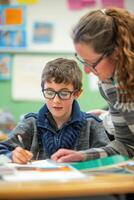 A photo capturing a teacher assisting a student with visual impairments using braille textbooks and tactile learning materials in a classroom, showcasing educational accommodations for accessibility.