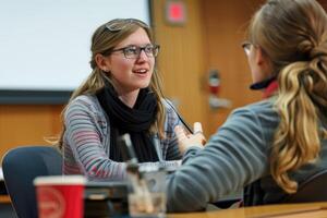 A picture of a hearing-impaired student using a sign language interpreter during a lecture, emphasizing the provision of communication support to facilitate effective learning. photo