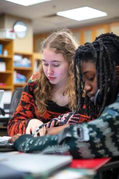 A focused image of a student using a speech-to-text device to complete an assignment, with a supportive teacher nearby, demonstrating accommodations for students with communication disabilities. photo