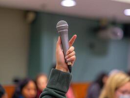 un mano participación arriba un micrófono en un profesional configuración, simbolizando el poder de habla y comunicación. foto