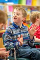 A supportive educational setting where a student with hearing impairments uses sign language to interact with a sign language interpreter and classmates, emphasizing inclusive communication methods. photo