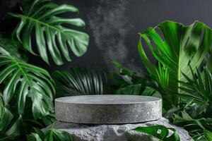 An empty natural stone pedestal platform surrounded by vibrant tropical foliage, creating a captivating setting for advertising cosmetics or skincare products, perfect for mockup designs photo