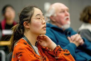 A picture of a hearing-impaired student using a sign language interpreter during a lecture, emphasizing the provision of communication support to facilitate effective learning. photo