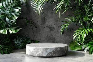 An empty natural stone pedestal platform surrounded by vibrant tropical foliage, creating a captivating setting for advertising cosmetics or skincare products, perfect for mockup designs photo