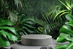 An empty natural stone pedestal platform surrounded by vibrant tropical foliage, creating a captivating setting for advertising cosmetics or skincare products, perfect for mockup designs photo