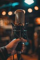 The energy and excitement of a live performance, with a hand holding up a microphone poised to capture the artist's voice photo