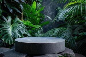 un vacío natural Roca pedestal plataforma rodeado por vibrante tropical follaje, creando un cautivador ajuste para publicidad productos cosméticos o protección de la piel productos, Perfecto para Bosquejo diseños foto