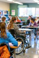 un inclusivo salón de clases escena dónde un estudiante en un silla de ruedas es participativo en grupo actividades, con accesible escritorios y adaptado equipo, destacando a la medida Alojamientos para movilidad foto