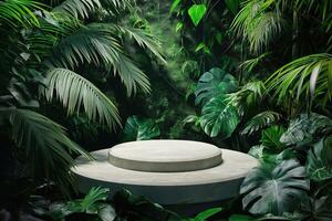 An empty natural stone pedestal platform surrounded by vibrant tropical foliage, creating a captivating setting for advertising cosmetics or skincare products, perfect for mockup designs photo