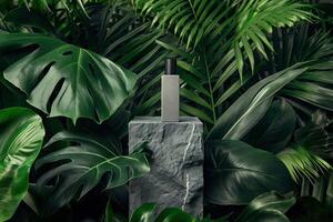 An empty natural stone pedestal platform surrounded by vibrant tropical foliage, creating a captivating setting for advertising cosmetics or skincare products, perfect for mockup designs photo