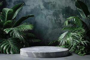 An empty natural stone pedestal platform surrounded by vibrant tropical foliage, creating a captivating setting for advertising cosmetics or skincare products, perfect for mockup designs photo