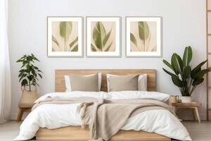 Interior of bedroom with bed, posters, shelving unit, burning candles and houseplants near white wall. High quality photo