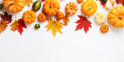 Autumn composition. Dried leaves, pumpkins, flowers, berries on white background. Autumn, fall concept. Flat lay, top view, copy space. High quality photo