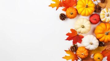 Autumn composition. Dried leaves, pumpkins, flowers, berries on white background. Autumn, fall concept. Flat lay, top view, copy space. High quality photo