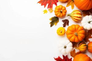 Autumn composition. Dried leaves, pumpkins, flowers, berries on white background. Autumn, fall concept. Flat lay, top view, copy space. High quality photo