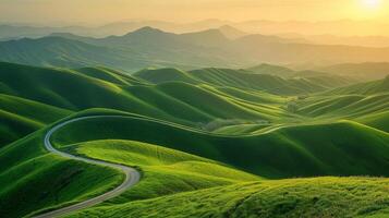 Highway landscape at colorful sunset in summer. Mountain road landscape at dusk. Beautiful nature scenery in green mountains. Travel landscape for summer vacation on highway. High quality photo