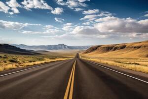 Highway landscape at colorful sunset in summer. Mountain road landscape at dusk. Beautiful nature scenery in green mountains. Travel landscape for summer vacation on highway. High quality photo