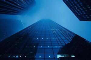 Perspective and underside angle view of modern glass skyscrapers of the building against the blue bright clear sky. High quality photo