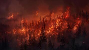 Night fire in the forest with fire and smoke.Epic aerial photo of a smoking wild flame.A blazing,glowing fire at night.Forest fires.Dry grass is burning. climate change,ecology.Line fire in the dark