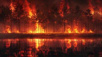 Night fire in the forest with fire and smoke.Epic aerial photo of a smoking wild flame.A blazing,glowing fire at night.Forest fires.Dry grass is burning. climate change,ecology.Line fire in the dark