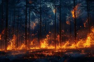 Night fire in the forest with fire and smoke.Epic aerial photo of a smoking wild flame.A blazing,glowing fire at night.Forest fires.Dry grass is burning. climate change,ecology.Line fire in the dark