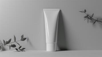 A mock up of realistic white blank cosmetic tube isolated on white and grey background with leafs of plants , 3d rendering , 3D illustration photo