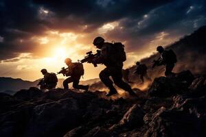 Silhouette of military soldiers with weapons dark background. Law and military concept. High quality photo