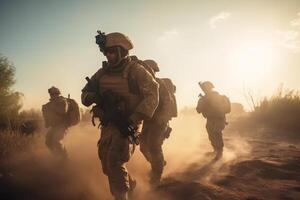 silueta de militar soldados con armas oscuro antecedentes. ley y militar concepto. alto calidad foto