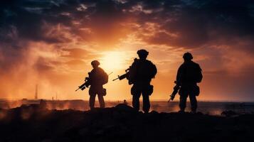 Silhouette of military soldiers with weapons dark background. Law and military concept. High quality photo