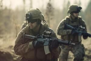 silueta de militar soldados con armas oscuro antecedentes. ley y militar concepto. alto calidad foto