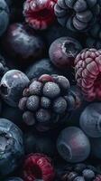 un hermosa cerca arriba fotografía de fruta, con frambuesas, arándanos y moras, estudio disparo. alto calidad foto