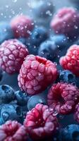 A beautiful close up photograph of fruit, with raspberries, blueberries and blackberries, studio shot. High quality photo