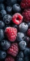 A beautiful close up photograph of fruit, with raspberries, blueberries and blackberries, studio shot. High quality photo