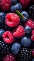 A beautiful close up photograph of fruit, with raspberries, blueberries and blackberries, studio shot. High quality photo