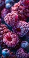 A beautiful close up photograph of fruit, with raspberries, blueberries and blackberries, studio shot. High quality photo