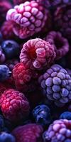 A beautiful close up photograph of fruit, with raspberries, blueberries and blackberries, studio shot. High quality photo