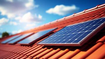 fotovoltaica paneles en el techo . techo de solar paneles ver de solar paneles , solar célula en el techo casa con luz de sol. alto calidad foto