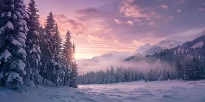 increíble invierno paisaje con nevado pino arboles en escarchado Mañana. increíble naturaleza paisaje en invierno montaña valle. increíble natural antecedentes. suave ligero efecto. alto calidad foto