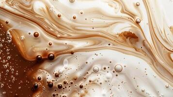 Close up abstract brown caramel shapes latte art in coffee. Liquid texture coffee background macro. Cappuccino and milk foam close up view. High quality photo
