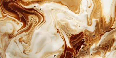 Close up abstract brown caramel shapes latte art in coffee. Liquid texture coffee background macro. Cappuccino and milk foam close up view. High quality photo