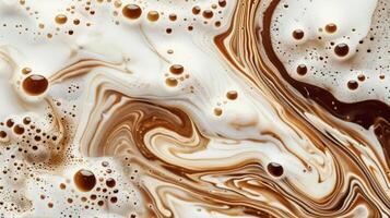 Close up abstract brown caramel shapes latte art in coffee. Liquid texture coffee background macro. Cappuccino and milk foam close up view. High quality photo