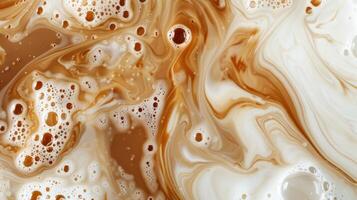 Close up abstract brown caramel shapes latte art in coffee. Liquid texture coffee background macro. Cappuccino and milk foam close up view. High quality photo