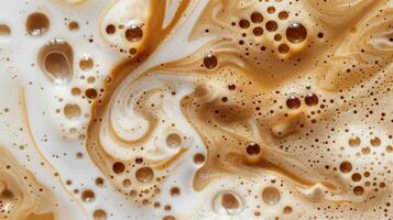 Close up abstract brown caramel shapes latte art in coffee. Liquid texture coffee background macro. Cappuccino and milk foam close up view. High quality photo