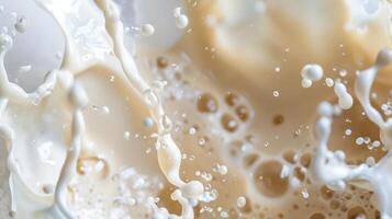 Close up abstract brown caramel shapes latte art in coffee. Liquid texture coffee background macro. Cappuccino and milk foam close up view. High quality photo