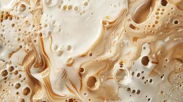 Close up abstract brown caramel shapes latte art in coffee. Liquid texture coffee background macro. Cappuccino and milk foam close up view. High quality photo