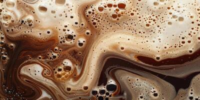 Close up abstract brown caramel shapes latte art in coffee. Liquid texture coffee background macro. Cappuccino and milk foam close up view. High quality photo