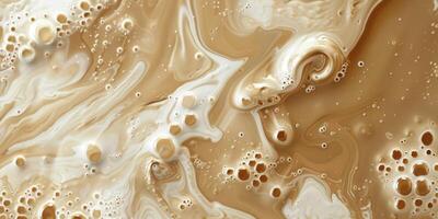 Close up abstract brown caramel shapes latte art in coffee. Liquid texture coffee background macro. Cappuccino and milk foam close up view. High quality photo