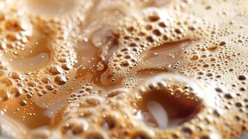 Close up abstract brown caramel shapes latte art in coffee. Liquid texture coffee background macro. Cappuccino and milk foam close up view. High quality photo